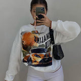 Black Friday Joskaa Chill77 American Style Retro White Crewneck Sweatshirt Women's Autumn European American High Street Niche Design Sense Long Sleeve Top Ins