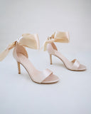 JOSKAA 2024 New Fashion High Heel Champagne Satin High Heel Evening Sandals with Wrapped Ankle Tie