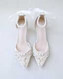 JOSKAA 2024 New Fashion High Heel Crochet Lace Pointy Toe Wedding Low Heels with Pearls Applique