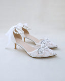 JOSKAA 2024 New Fashion High Heel Crochet Lace Pointy Toe Wedding Low Heels with Pearls Applique