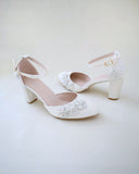 JOSKAA 2024 New Fashion High Heel Satin Wedding Block Heel with Rhinestones  Chassia Flower