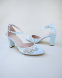 JOSKAA 2024 New Fashion High Heel Satin Wedding Block Heel with Rhinestones  Chassia Flower