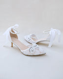 JOSKAA 2024 New Fashion High Heel Crochet Lace Pointy Toe Wedding Low Heels with Pearls Applique