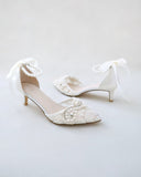 JOSKAA 2024 New Fashion High Heel Crochet Lace Pointy Toe Wedding Low Heels with Pearls Applique