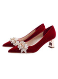 JOSKAA THICK-HEELED POINTED RED WEDDING SHOES