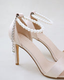 JOSKAA 2024 New Fashion High Heel Champagne Satin High Heel Evening Sandals with Pearl Strap