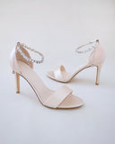 JOSKAA 2024 New Fashion High Heel Champagne Satin High Heel Evening Sandals with Eternity Rhinestones Strap