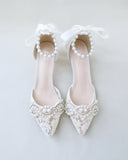 JOSKAA 2024 New Fashion High Heel Crochet Lace Pointy Toe Wedding Low Heels with Pearls Applique