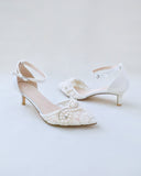 JOSKAA 2024 New Fashion High Heel Crochet Lace Pointy Toe Wedding Low Heels with Pearls Applique