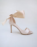 JOSKAA 2024 New Fashion High Heel Champagne Satin High Heel Evening Sandals with Wrapped Ankle Tie