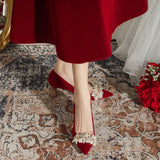 JOSKAA THICK-HEELED POINTED RED WEDDING SHOES