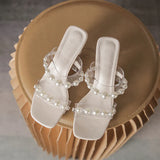 JOSKAA THICK HEEL PEARL CRYSTAL SANDALS SLIPPER