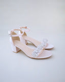 JOSKAA 2024 New Fashion High Heel Satin Evening Block Heel Sandals with Rhinestones Chassia Flower