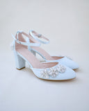 JOSKAA 2024 New Fashion High Heel Satin Wedding Block Heel with Rhinestones  Chassia Flower