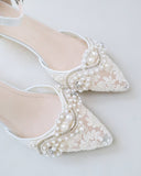 JOSKAA 2024 New Fashion High Heel Crochet Lace Pointy Toe Wedding Low Heels with Pearls Applique