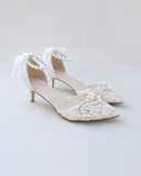 JOSKAA 2024 New Fashion High Heel Crochet Lace Pointy Toe Wedding Low Heels with Pearls Applique