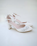 JOSKAA 2024 New Fashion High Heel Satin Wedding Block Heel with Rhinestones  Chassia Flower