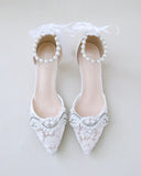 JOSKAA 2024 New Fashion High Heel Crochet Lace Pointy Toe Wedding Low Heels with Pearls Applique