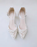 JOSKAA 2024 New Fashion High Heel Crochet Lace Pointy Toe Wedding Low Heels with Pearls Applique