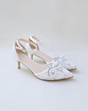 JOSKAA 2024 New Fashion High Heel Crochet Lace Pointy Toe Wedding Low Heels with Pearls Applique