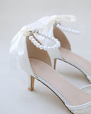 JOSKAA 2024 New Fashion High Heel Crochet Lace Pointy Toe Wedding Low Heels with Pearls Applique