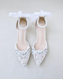 JOSKAA 2024 New Fashion High Heel Crochet Lace Pointy Toe Wedding Low Heels with Pearls Applique