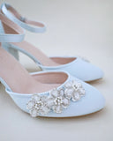 JOSKAA 2024 New Fashion High Heel Satin Wedding Block Heel with Rhinestones  Chassia Flower