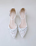 JOSKAA 2024 New Fashion High Heel Crochet Lace Pointy Toe Wedding Low Heels with Pearls Applique