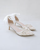 JOSKAA 2024 New Fashion High Heel Crochet Lace Pointy Toe Wedding Low Heels with Pearls Applique