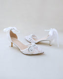 JOSKAA 2024 New Fashion High Heel Crochet Lace Pointy Toe Wedding Low Heels with Pearls Applique