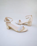 JOSKAA 2024 New Fashion High Heel Satin Evening Block Heel Sandals with Rhinestones Chassia Flower