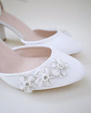 JOSKAA 2024 New Fashion High Heel Satin Wedding Block Heel with Rhinestones  Chassia Flower