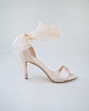 JOSKAA 2024 New Fashion High Heel Champagne Satin High Heel Evening Sandals with Wrapped Ankle Tie