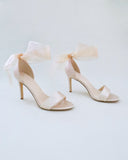 JOSKAA 2024 New Fashion High Heel Champagne Satin High Heel Evening Sandals with Wrapped Ankle Tie