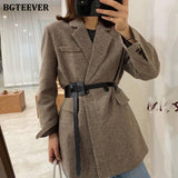 Joskaa Autumn Winter Vintage Houndstooth Woolen Blazer Jackets for Women Double Breasted Belted Female Outwear with belt 2024