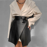 Joskaa High Waist PU Leather Bandage Skirts Women 2021 New Asymmetry Split Mini A Line Skirt Fashion Black Bodycon Streetwear