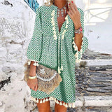 Joskaa-Summer V Neck Tassel Beach Dress Spring Vintage Floral Print 3/4 Sleeve Party Dress Women Casual Loose A-Line Dress Vestido