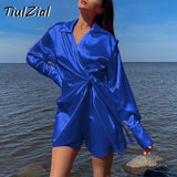 Joskaa hoco dresses Green Long Sleeve Mini Satin Dress Nothed Lace Up Bandage Wrap Summer Dress High Waist Casual Shirt Dresses Women Blue