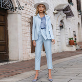 Joskaa Elegant knot women business suit autumn winter Office lace up blue ladies suits blazer Fashion two piece female pant set