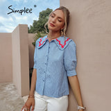 Joskaa Holiday plaid cotton blouse shirt summer  Girlish doll collar women's short tops blue  Soft three quarter sleeve blouses