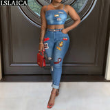 Joskaa Denim Sexy Two Piece Set Women Summer Print Spaghetti Straps Crop Top Jeans High Waist Pencil Pants Casual Streetwear Suits