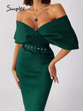 Joskaa Sexy v-neck off shoulder belt party sheath women dress green black Winter midi club dresses white Elegant frills vestido