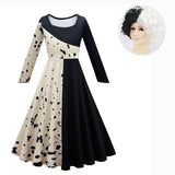 Halloween Joskaa Cruella De Vil Cosplay Costume Women Cruella Black White Polka Dot Gown Maid Dress Jacket Cruella Halloween Party Dress Set