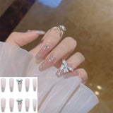 Joskaa 24pcs White 3D Bowknot Heart Almond False Nails With Pearl Rhinestones Finished Fake Nails Patch Full Cover Removable Nail Tips