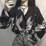 Joskaa Christmas Gift QWEEK Harajuku Shirt Women Animal Print Blouses Button Up Long Sleeve Oversized Streetwear Chinese Style Black Tops Punk Hip Pop