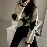 Joskaa Woman Argyle Sweaters Autumn Winter 2021 Pullovers Long Sleeve O-Neck Loose Knitted Korean Tops Casual Vintage Jumper