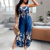 Women Fashion Elegant Sleeveless Partywear Jumpsuits Overalls Formal Party Romper Print Halter Slit Wide-legs Party Jumpsuit