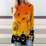 Joskaa Christmas Gift Hallowen Women Pumpkin Bat Printed T-Shirt Round Neck Long Sleeved Loose Fit Autumn Spring Party Casual Tops Female Clothes