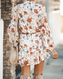 White Ruffled Mini Vintage Print Irregular Dress Autumn Clothing Lantern Sleeve Elegant Dress Lace up Slim Streetwear