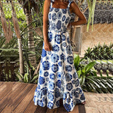 Joskaa Summer Sexy Sleeveless Beach Maxi Dress Elegant Tie-Up Sling Ruffle Split Party Dress Women Retro Pattern Print Boho Long Dress